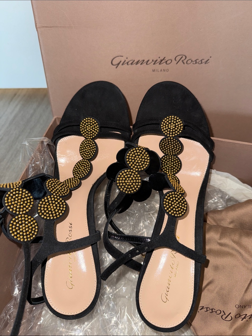 Gianvito Rossi Babylon Black Beaded Leather Heel Sandals - Picture 3 of 5